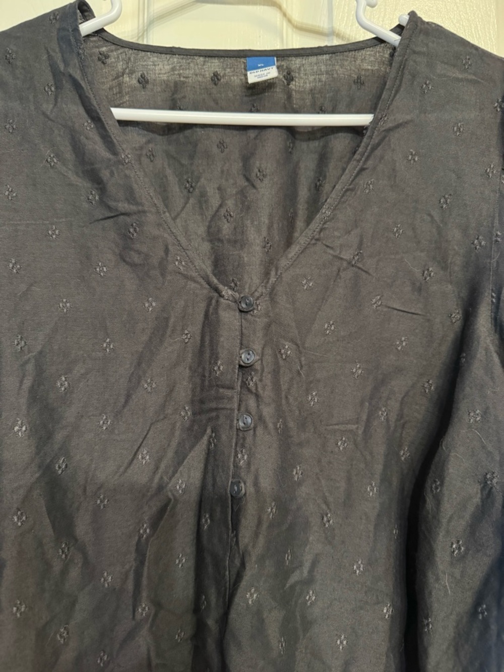 Old Navy Smoke Gray V-Neck Button Front Top with Subtle Embroidery